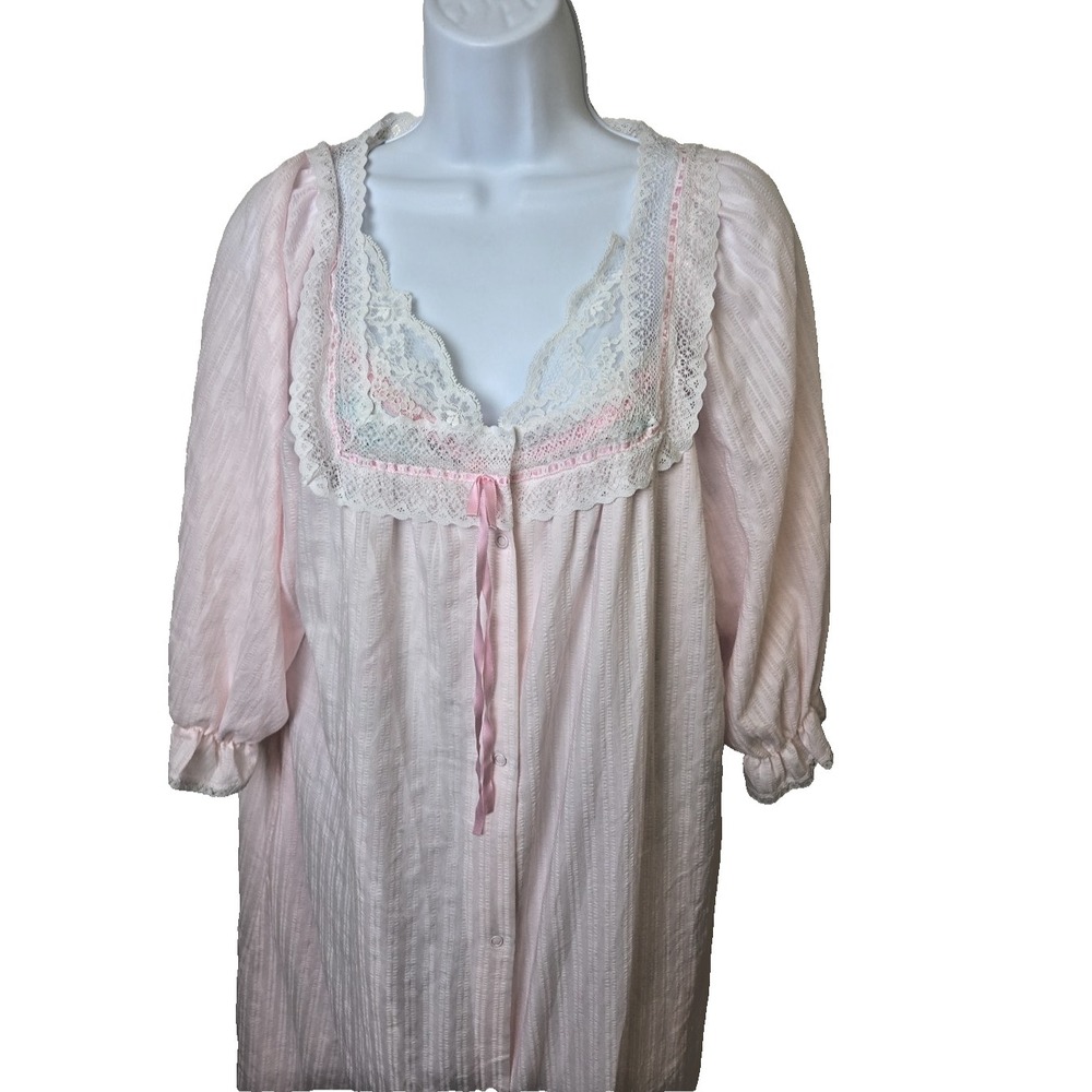 Vtg 70s Cottage‎ Seersucker Robe Housecoat Lace Ribbon Snap Beth Michaels Size L